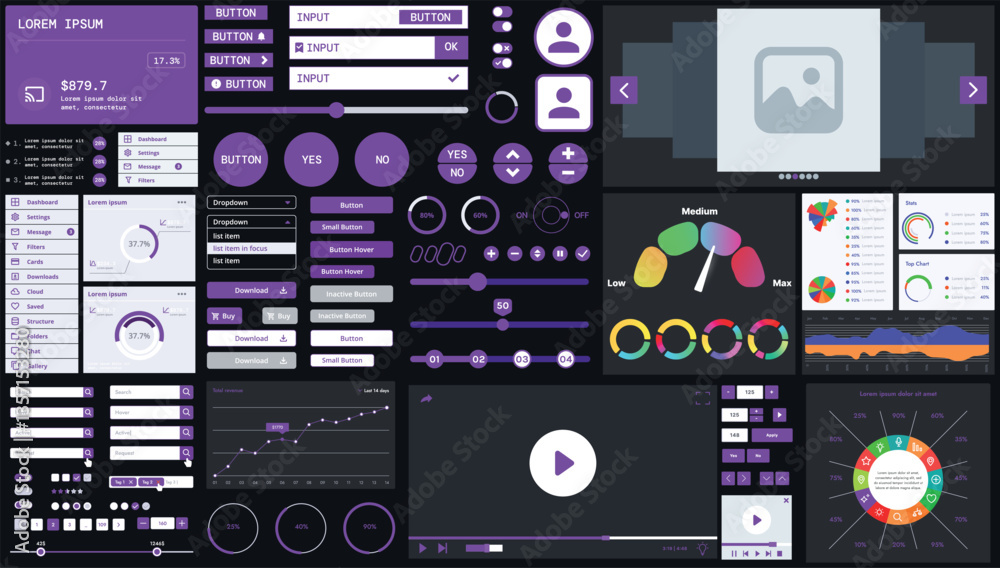Poster a dark set of interface elements for web and mobile applications with modern icons, buttons, and gra