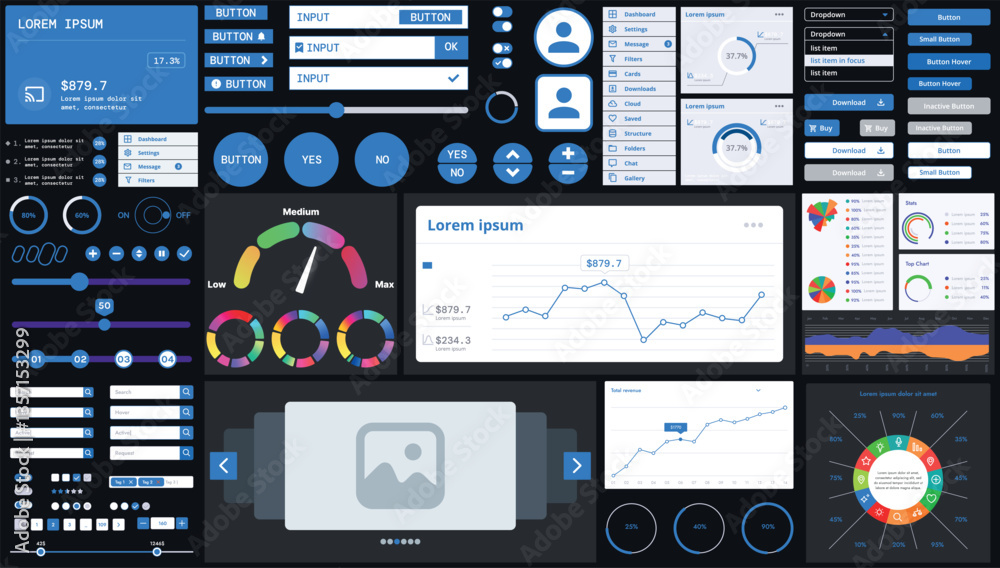 Poster a dark set of interface elements for web and mobile applications with modern icons, buttons, and gra
