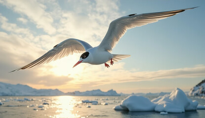 Arctic Tern Soaring Over Icy Seascape at Sunset in HD