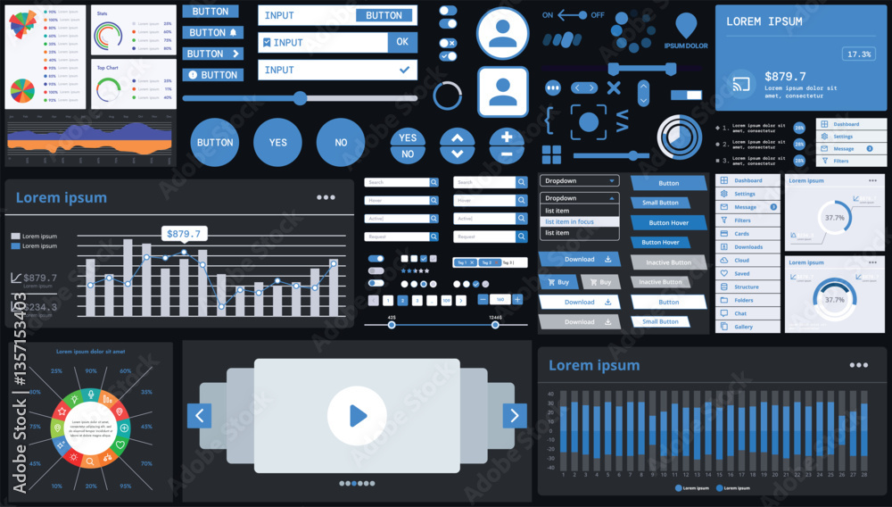 Poster a dark set of interface elements for web and mobile applications with modern icons, buttons, and gra
