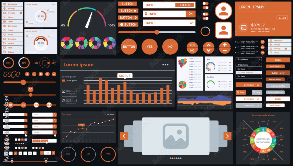 Poster a dark set of interface elements for web and mobile applications with modern icons, buttons, and gra