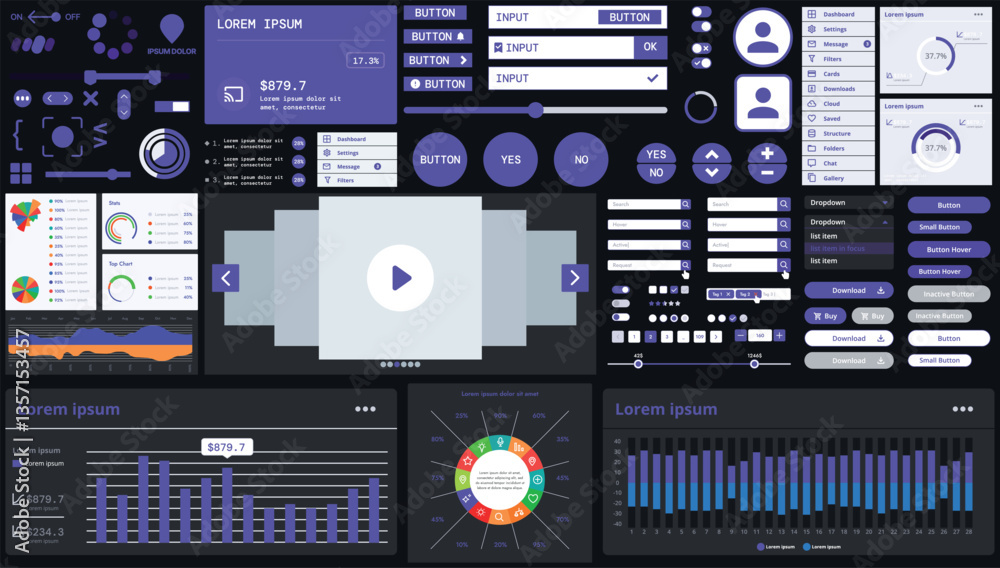 Poster a dark set of interface elements for web and mobile applications with modern icons, buttons, and gra