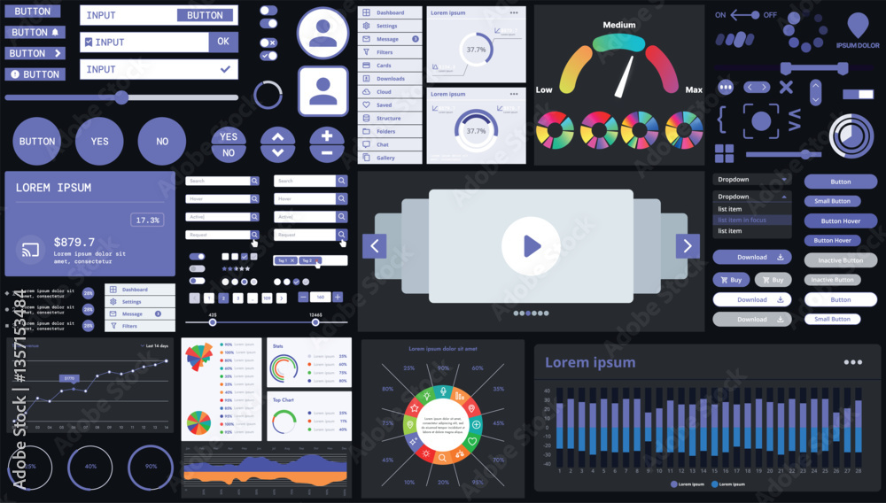 Poster a dark set of interface elements for web and mobile applications with modern icons, buttons, and gra