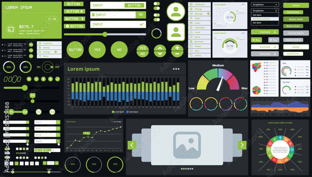 Poster a dark set of interface elements for web and mobile applications with modern icons, buttons, and gra