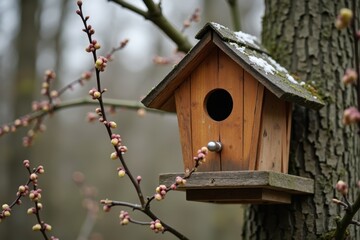 Birdhouse in spring surrounded budding branches