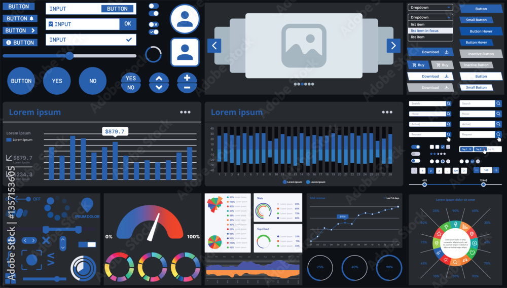 Poster a dark set of interface elements for web and mobile applications with modern icons, buttons, and gra