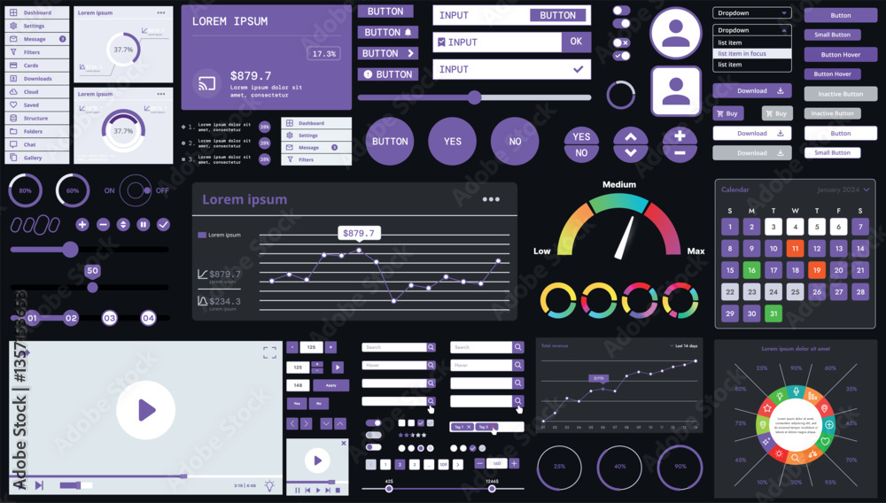 Poster a dark set of interface elements for web and mobile applications with modern icons, buttons, and gra