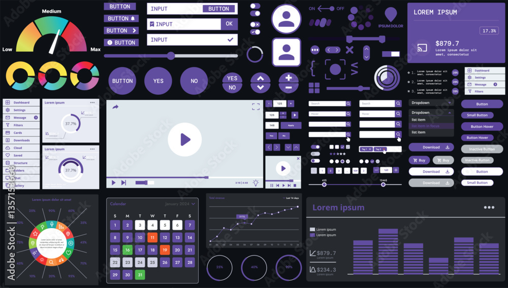 Poster A dark set of interface elements for web and mobile applications with modern icons, buttons, and graphs, ideal for business analytics, finance, and data management.