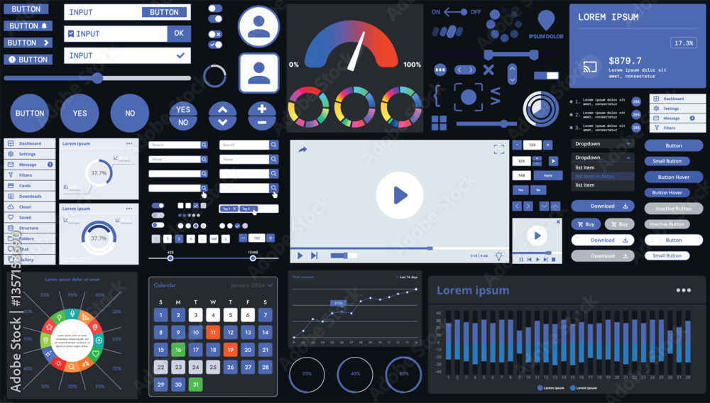 Poster a dark set of interface elements for web and mobile applications with modern icons, buttons, and gra