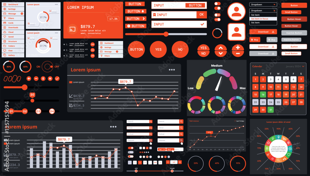 Poster a dark set of interface elements for web and mobile applications with modern icons, buttons, and gra