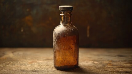 Vintage Amber Glass Bottle on Rustic Wooden Surface