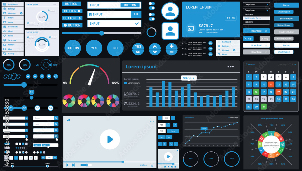 Poster a dark set of interface elements for web and mobile applications with modern icons, buttons, and gra