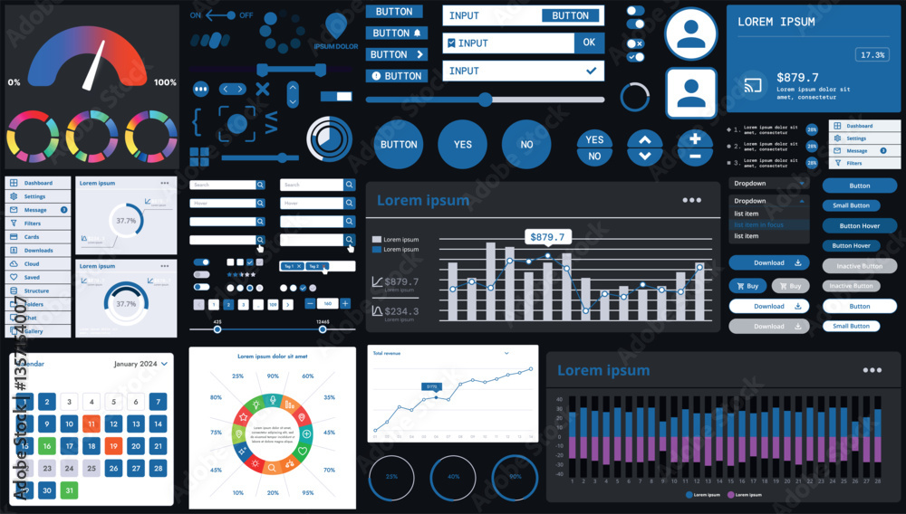 Poster A dark set of interface elements for web and mobile applications with modern icons, buttons, and graphs, ideal for business analytics, finance, and data management.