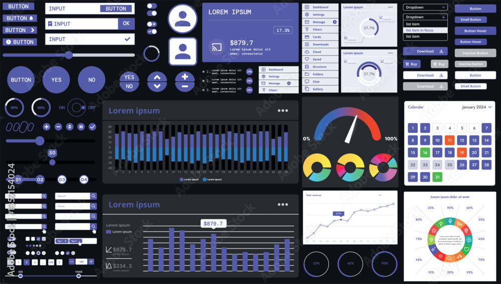Poster a dark set of interface elements for web and mobile applications with modern icons, buttons, and gra
