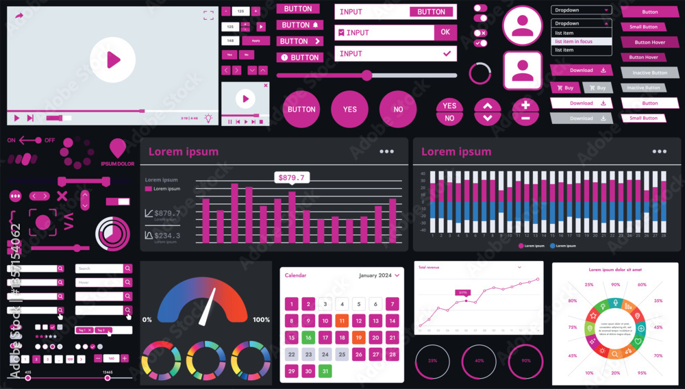 Poster a dark set of interface elements for web and mobile applications with modern icons, buttons, and gra