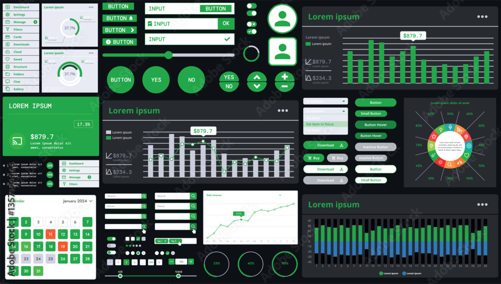 Poster a dark set of interface elements for web and mobile applications with modern icons, buttons, and gra