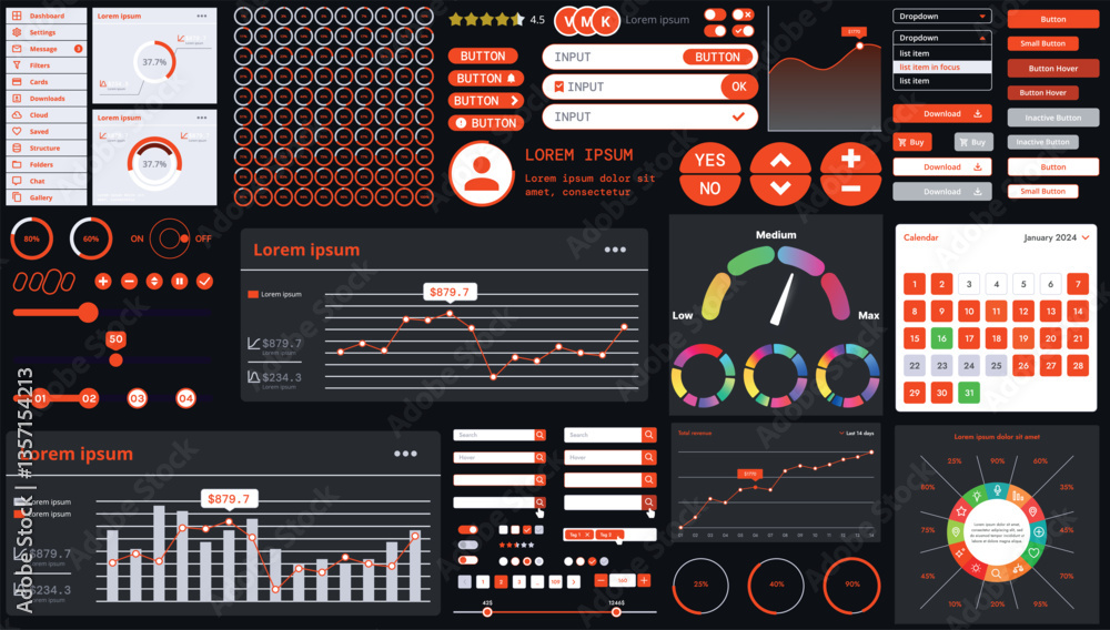 Poster A dark set of interface elements for web and mobile applications with modern icons, buttons, and graphs, ideal for business analytics, finance, and data management.
