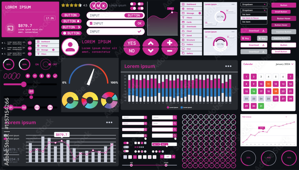 Poster a dark set of interface elements for web and mobile applications with modern icons, buttons, and gra