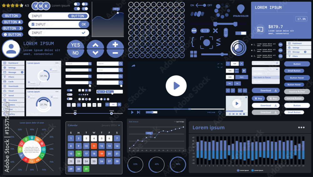 Poster a dark set of interface elements for web and mobile applications with modern icons, buttons, and gra