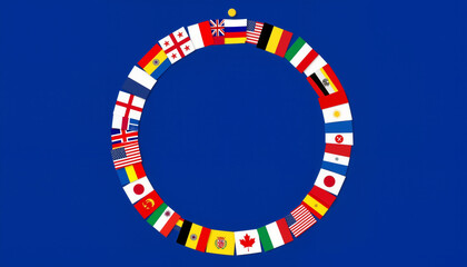 Circle of European country flags on dark blue background, unity in diversity