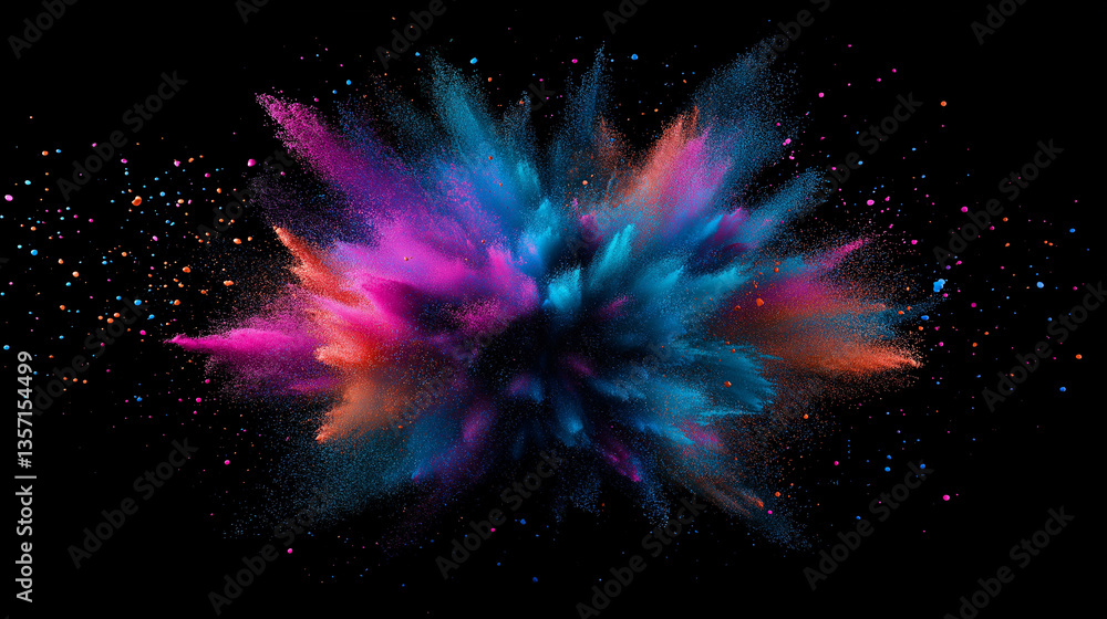 Poster explosive symphony: a vibrant explosion of colorful powder bursts forth against a dark background. t