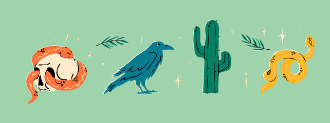 Wild West and Cowboy concept. Vector set of the various objects and design elements, cactus, snake, crow in hand drawn colored style