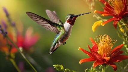 Fototapeta premium Ruby-throated Hummingbird in Flight Near Red Flower in HD