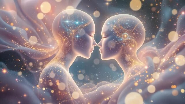 Two ethereal, feminine figures face each other, enveloped in swirling, sparkling clouds. This suggests a cosmic connection, a merging of souls, or the duality of existence. It's a celestial embrace. 