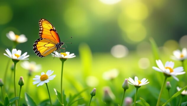 Vibrant spring meadow with fluttering butterfly and delicate daises, colorful, nature, field