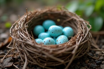Obraz premium Blue speckled eggs nestled in natural bird nest outdoors