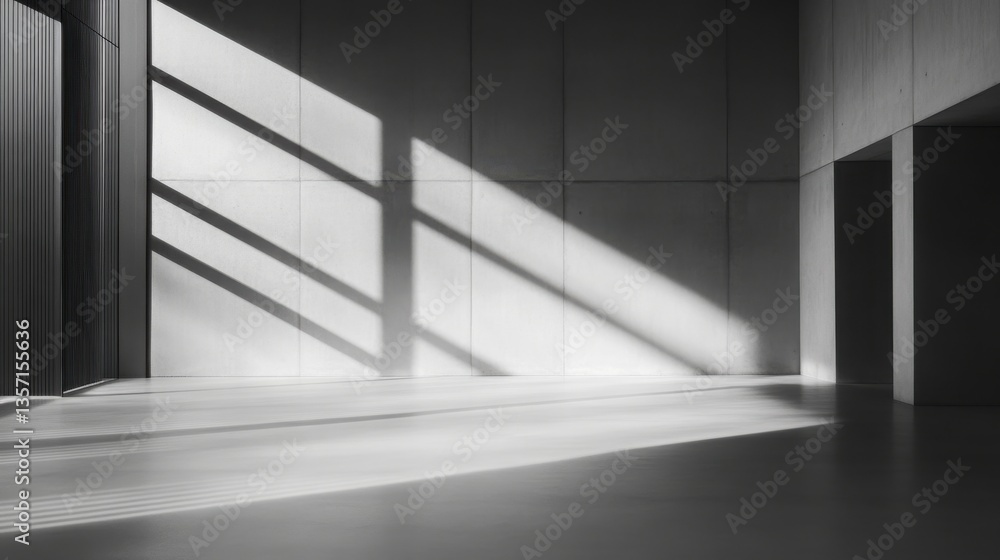 Poster sunlight and shadows in a contemporary concrete interior design portfolio piece with geometric patte