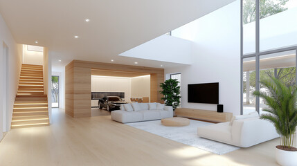 Modern interior:  A spacious living room is bathed in natural light, showcasing a minimalist design with a sleek staircase, neutral color palette, and large windows.