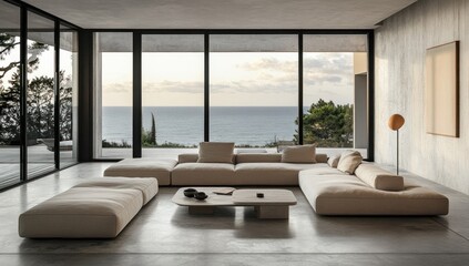 Modern living room interior showing a relaxing view of the ocean