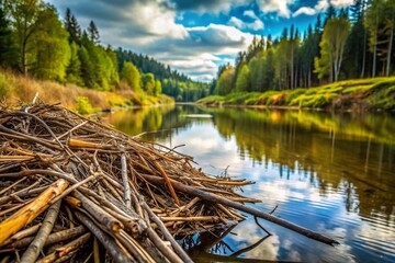 Documentary Photo: Majestic Beaver Dam Construction in Wilderness Habitat