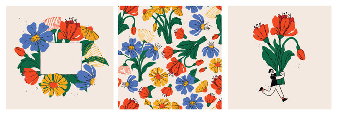 Young girl holding hand drawn color bouquet of blossom flowers. Flat vector illustration for the greeting birthday cards, posters for Mother's, Valentine's, Women's Day.