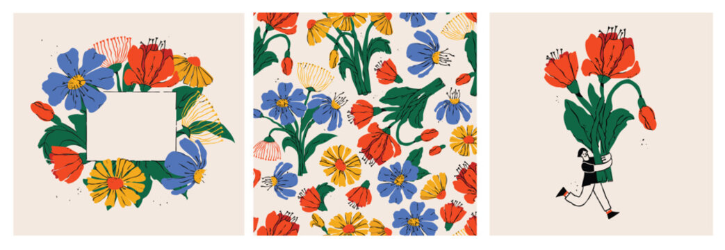 Young girl holding hand drawn color bouquet of blossom flowers. Flat vector illustration for the greeting birthday cards, posters for Mother's, Valentine's, Women's Day.