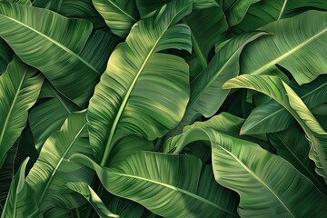 Closeup Illustration of Banana Leaves with Detailed Textures on Bright Background