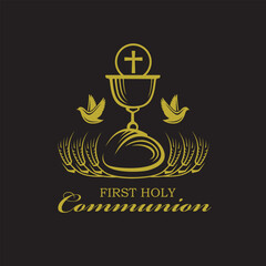 golden holy communion icon with chalice and wheat isolated on black background