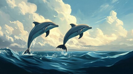 Fototapeta premium Two Marine Mammals Leaping in Azure Water Under a Cloudy Sky and Sunbeams. Various Hues and Shades of Color. Landscape of nature. Artwork. Illustration. Painting. Picture. Image. Graphic. Design