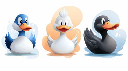 Fototapeta premium Three Cute Cartoon Ducks in Blue White and Black Watercolor Style