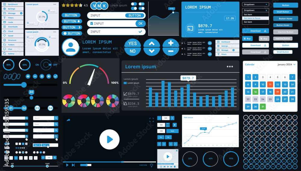 Poster a dark set of interface elements for web and mobile applications with modern icons, buttons, and gra