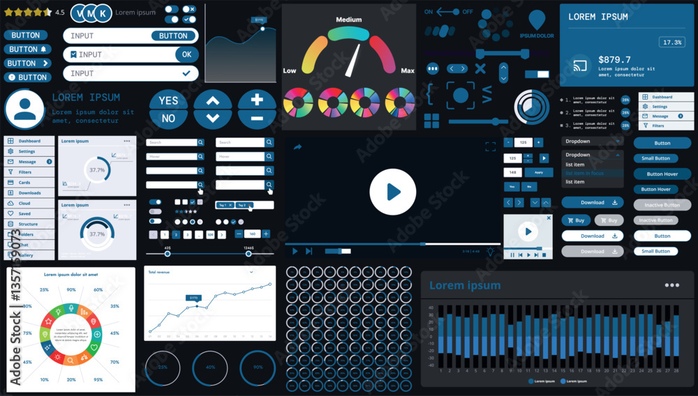 Wall mural a dark set of interface elements for web and mobile applications with modern icons, buttons, and gra