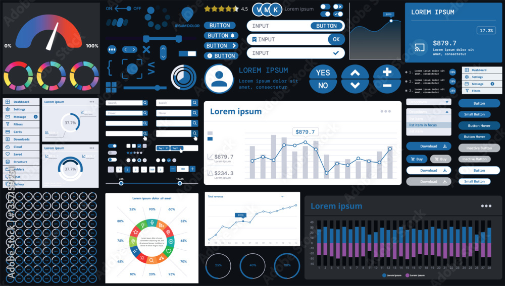 Aufkleber a dark set of interface elements for web and mobile applications with modern icons, buttons, and gra