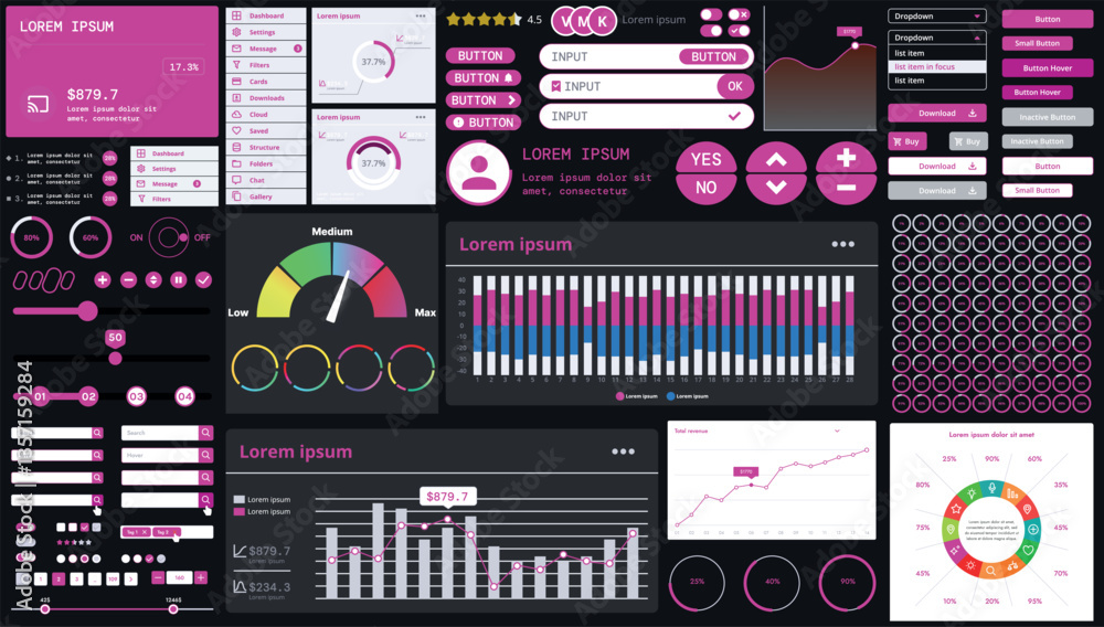 Poster a dark set of interface elements for web and mobile applications with modern icons, buttons, and gra