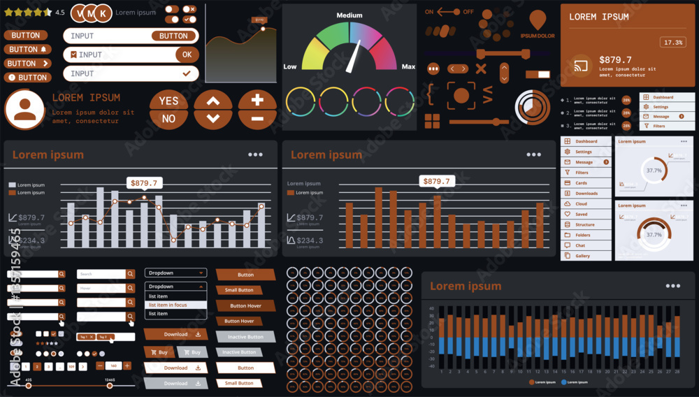 Wall mural a dark set of interface elements for web and mobile applications with modern icons, buttons, and gra