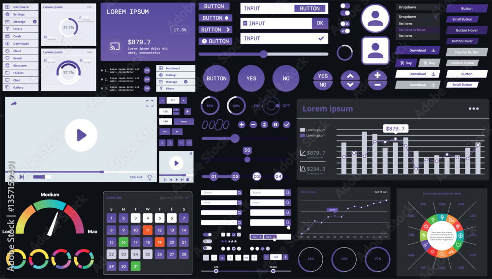 Poster a dark set of interface elements for web and mobile applications with modern icons, buttons, and gra