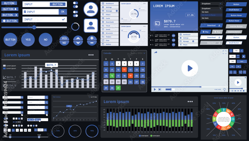 Wall mural a dark set of interface elements for web and mobile applications with modern icons, buttons, and gra