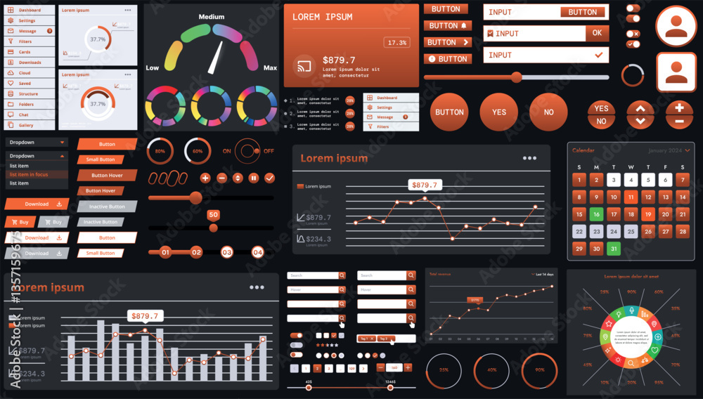 Wall mural a dark set of interface elements for web and mobile applications with modern icons, buttons, and gra
