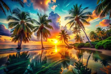 Double Exposure: Lush Tropical Paradise & Vibrant Sunset - Stock Photo