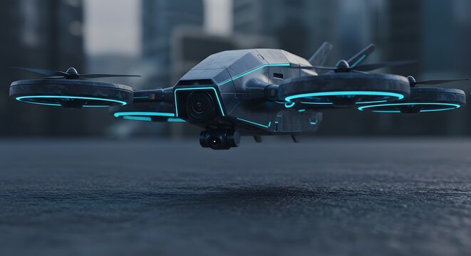 Futuristic Drone Hovering Above Urban Landscape